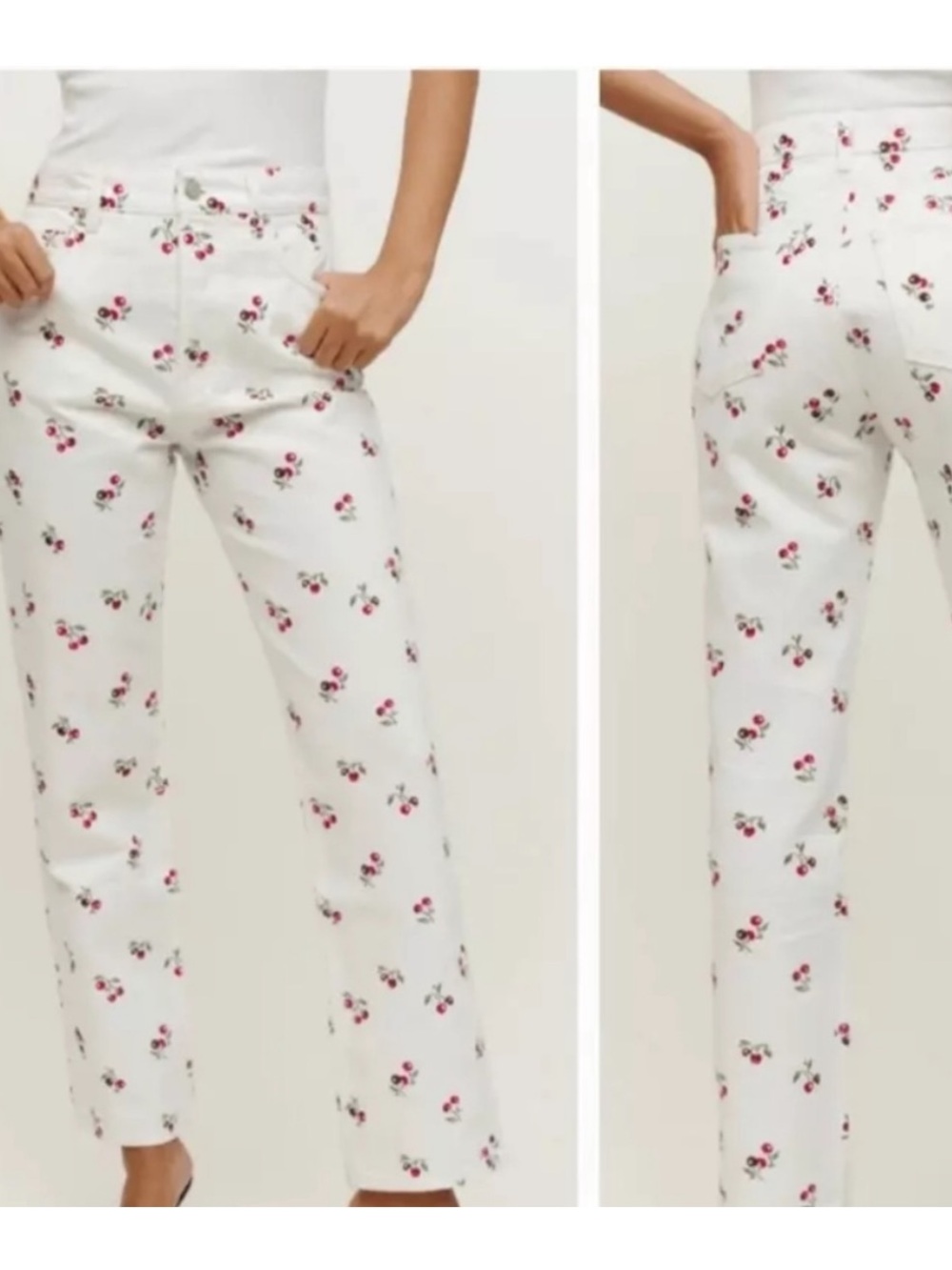 Reformation White Jeans with Red Cherry Embroidery